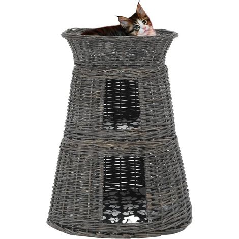 Ensemble de 3 paniers pour chat avec coussin, gris, 47 x 34 x 60 cm, osier naturel