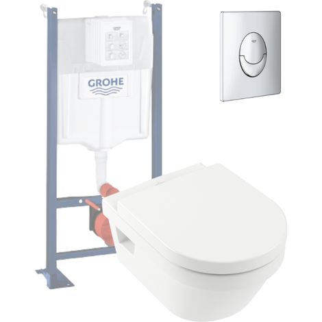 Inodoro suspendido sin borde VILLEROY ET BOCH Architectura + asiento + estructura soporte GROHE + mando cromado