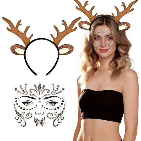 Fascia per capelli con corna di renna, fascia natalizia da donna, fascia per capelli con corna di cervo e tatuaggio sul viso, adatta per attività di gioco di ruolo, il cervo funge da accessorio unico, (1/5)