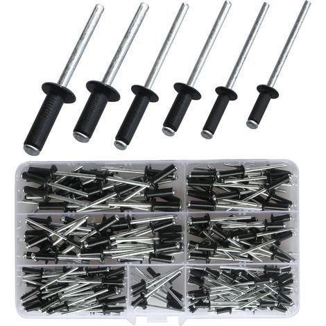 Kit d'assortiment de rivets à tête bombée en aluminium de 210 pièces, ensemble de rivetage à bride large (3,2/4/5 mm) (8/10/12/14/16) pour métal, boîte de rangement, meubles, marine (Noir) (1/5)