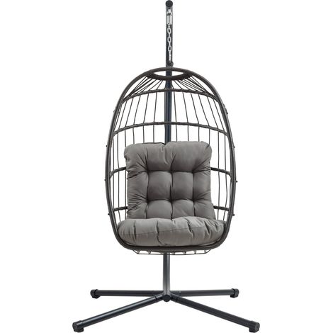 Fauteuil Œuf Suspendu en Rotin Noir Chaise Pliante Siège Meuble de Jardin Coussin d'Épaisseur 15 cm Support en Acier Capacité de 150 kg Extérieur Intérieur Balcon Terrasse [Housse Imperméable INCLUS]