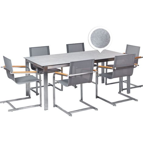 Conjunto de jardín moderno 6 plazas de acero inoxidable mesa comedor tablero de vidrio sillas de textileno gris Cosoleto