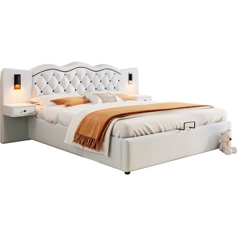 Lit coffre 180x200 cm rembourré beige avec tête de lit intégrée, éclairage latéral, USB et grand rangement hydraulique - CHICFURN (1/5)
