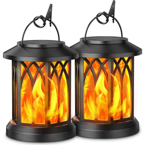 Lanterne Solaire Exterieur Jardin, 2 Pièces Lampe Solaire Exterieur Effet Flamme Suspendue Decorative, Ip65 Étanche Suspension Lumiere Led Exterieur Avec Clips Pour Jardin Balcon [Classe Énergétique A (1/4)