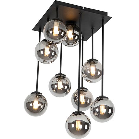 QAZQA rústico Lámpara de techo moderna negra 9-luces cristal ahumado - ATHENS Vidrio /Acero Redonda Adecuado para LED Max. 9 x 28 Watt (1/4)