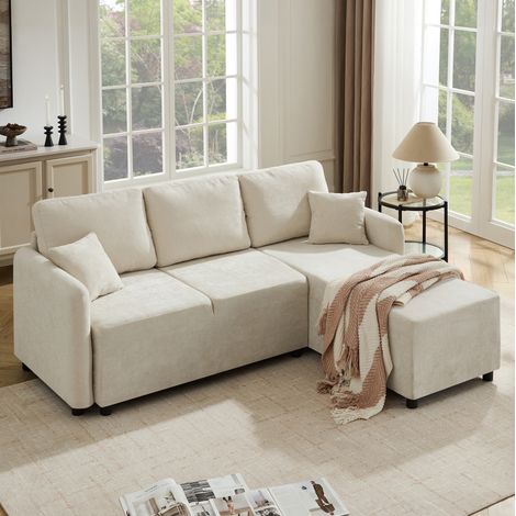Ecksofa 187,5 x 144 x 85,5 cm aus hellbeigem Chenille mit 2 Kissen, platzsparend – MEUBLIV (1/5)