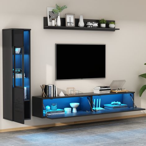 MEUBLIV mueble TV mural 180 cm negro LED 3 piezas – con vitrina y estante (1/5)