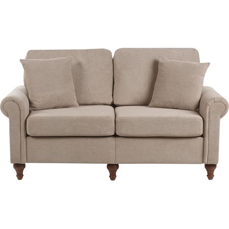 2 Seater Sofa Taupe Fabric Upholstery Scrolled Arms Wood Frame Throw Pillows Modern Living Room GINNERUP (1/5)