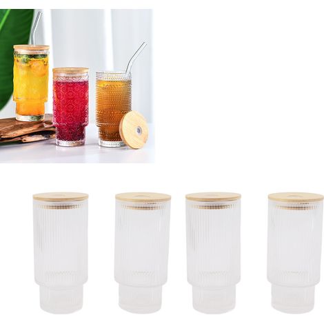 Ensemble de tasses empilables de 325 ml (11 oz) pour lait, café, coca ou bière, à rayures, avec couvercle et paille. (1/5)