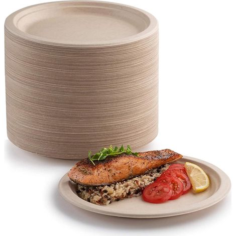Lot de 200 Assiettes, 22,9 cm, Fibre de bagasse, Biodégradables, Compostables, Pique-niques, Barbecues (1/5)