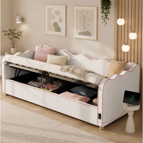 Letto singolo 90x200 cm beige in bouclé con contenitore idraulico e porte USB/Type-C (1/5)