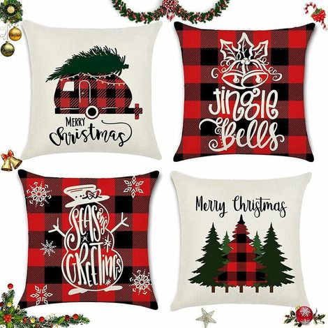 MINE Taie d'oreiller de Noël 4 pièces, taie d'oreiller de Noël, taie d'oreiller joyeux Noël, coussin en lin de décoration à la maison, taies d'oreiller de Noël, taie d'oreiller décorative de Noël 45x4 (1/5)