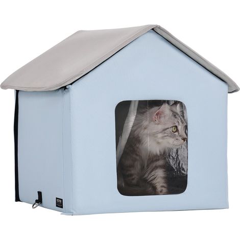 Maison Chat Chauffante, Niche Chat Extérieur avec Coussin Chauffant, Température Réglable, Minuterie, Abri Hiver pour Chats Pliable en Tissu Oxford 600D Confortable pour Rester au Chaud, Bleu, S (1/5)