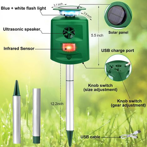 Repellente solare a ultrasuoni a 360° per esterni con rilevatore di movimento e luce lampeggiante per animali domestici - cani, gatti, scoiattoli, cervi, procioni, conigli - ALTRI (1/3)