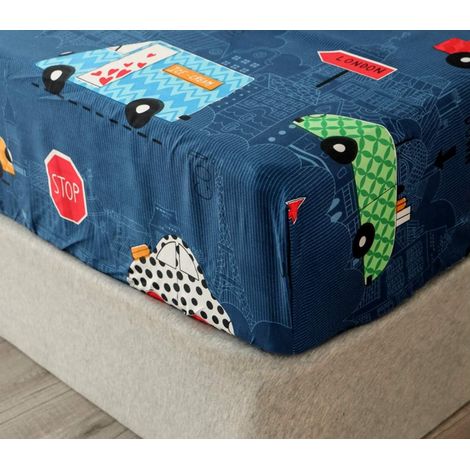 Drap Housse Cartoon Impression Antidérapants Housse De Matelas, 100% Polyester Confortable Respirant Drap-Housse Poche Profonde 30cm - Résistant Rides (Bleue Voiture,120x200x30cm) (1/5)