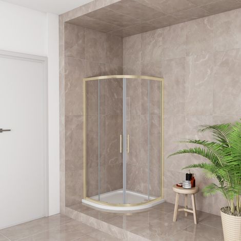 Box Doccia Semicircolare 90X90 cm Porte Scorrevoli Vetro Temperato 6 mm Trasparente Anticalcare Oro Spazzolato 190 cm, Piatto Doccia e Piletta inclusi