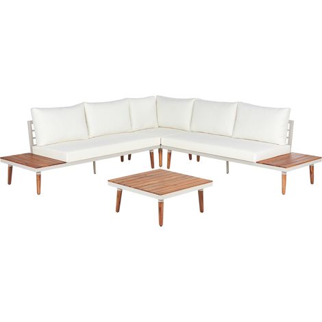 Conjunto de jardín de madera de acacia 5 plazas con sofá esquinero y mesa de centro cojines blanco crema Corato