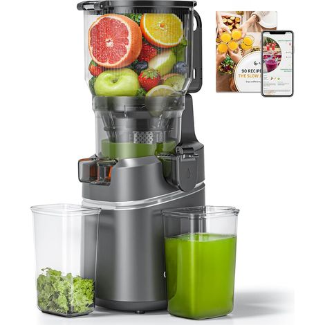 Extracteur de jus automatique Vos mains libres, Ouverture de 150 mm et capacité de 2L Extracteur de jus de fruits et légumes entiers, Extracteur jus lent de 250W avec triple filtre, Gris
