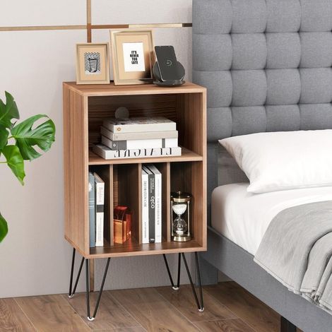 Meuble Platine Vinyle avec Prises et USB Table Rangement Disques 3 Niveaux avec Séparateurs 48x40x88cm Noyer pour Salon (1/5)