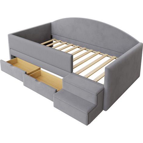 Cama cabaña tapizada 90 x 190 cm con 2 cajones, barreras y escalones, terciopelo gris claro (1/5)