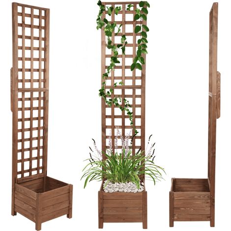 MODO24 Jardinière avec treillis pergola en pin, sur pieds, bac à fleurs 190x40x40 cm, jardin/balcon/terrasse, marron imprégné (1/5)