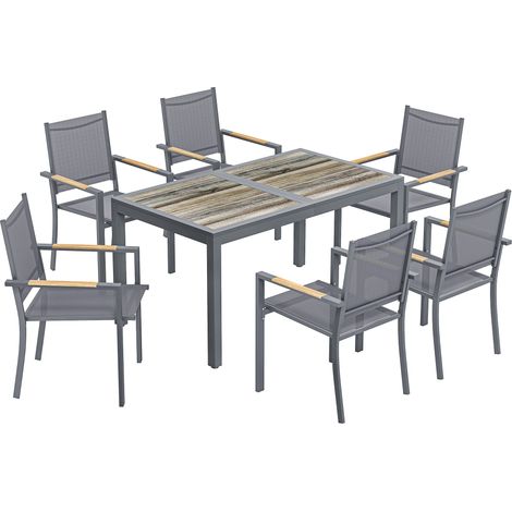 Ensemble repas extérieur Saintemont salon jardin 6 pers textilène gris foncé