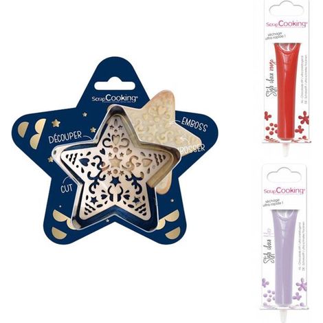 Kit pour biscuit en relief Étoile + 2 Stylos au chocolat rouge et lilas (1/2)