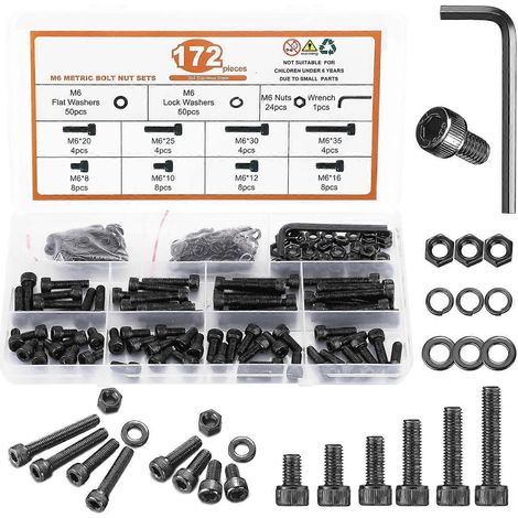 Kit d'assortiment de 172 vis M6, M6 x 8/10/12/16/20/25/30/35 mm, kit de boulons M6, kit d'assortiment d'écrous et de boulons (1/4)