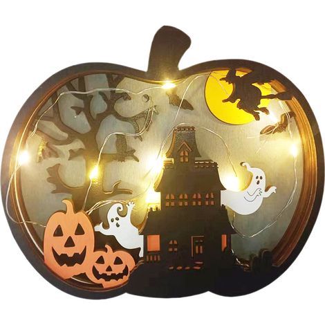 Décoration d'Halloween en bois illuminée, décoration de citrouille en bois avec lumière (1/5)