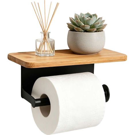 Porte Papier Toilette Mural en Bambou et Métal avec Étagère en Bambou, Dérouleur Papier Toilette sans Perçage ou à Visser, Support Papier Toilette pour Salle de Bain et WC (1/5)