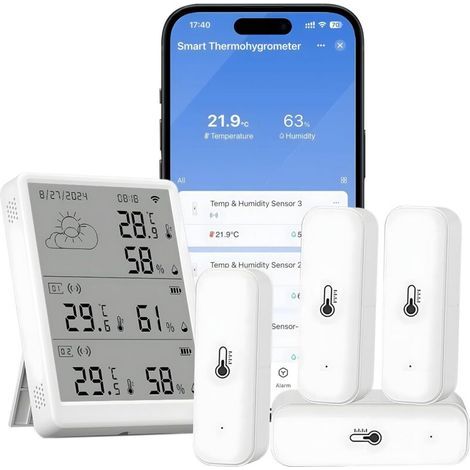 Thermomètre hygromètre WiFi - Capteur de température et d'humidité par application - Portée de 100 m - Compatible avec Alexa (4 capteurs + station de base) (1/4)