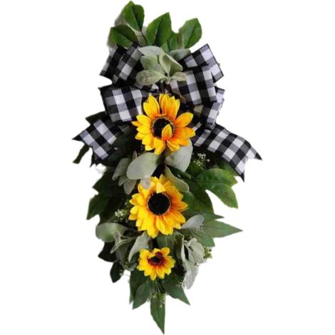 Couronne De Tournesol - Décoration Artificielle Pour Porte D'Entrée Intérieur Extérieur - Avec Nœud Papillon - 36 Cm (1/5)