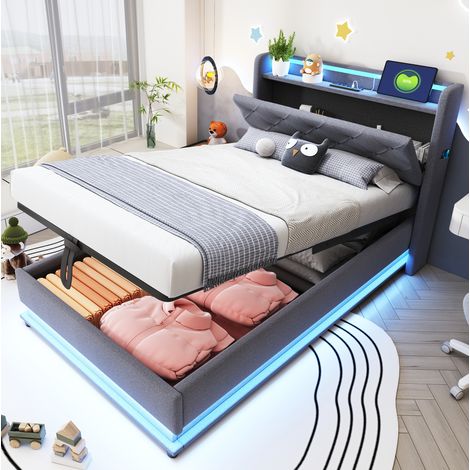 Cama 90x200 con almacenaje USB y LED tapizada OKMYHOME (1/5)