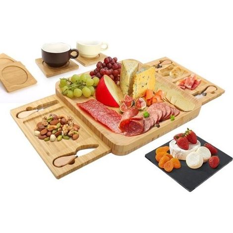 Set plateau à fromage, plateau à fromage avec Ensemble couteau et fourchette et tiroir coulissant, 1 Ardoise et 4 Dessous De Verre (1/4)