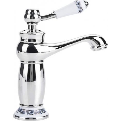 (Chrome) Mixer Tap Basin Faucet Brass Ceramic Sink Faucet Black and White Porcelain Long Neck Vintage Floral with Inlet Cold/Hot Water Tap Kitchen Bathroom (1/5)