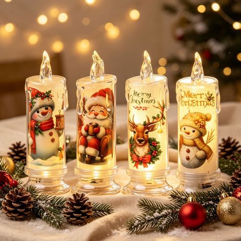 Lot de 4 bougies électroniques LED de Noël – Veilleuses sans flamme – Fonctionne sur piles – Éclairage d'ambiance festif (1/4)