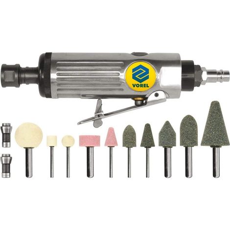 Vorel 81109, lijadora neumática recta + accesorios, 0,63 Mpa, 0-22000 RPM, 6,3 mm conexión rápida, 566 l/min, pinzas de 3 mm y 6 mm, ideal para lijado.