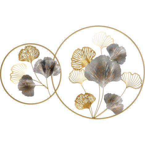 Decorazione Murale 3D in Metallo 138x70 cm Wall Art Dorata con Ginkgo Oro e Argento (1/5)