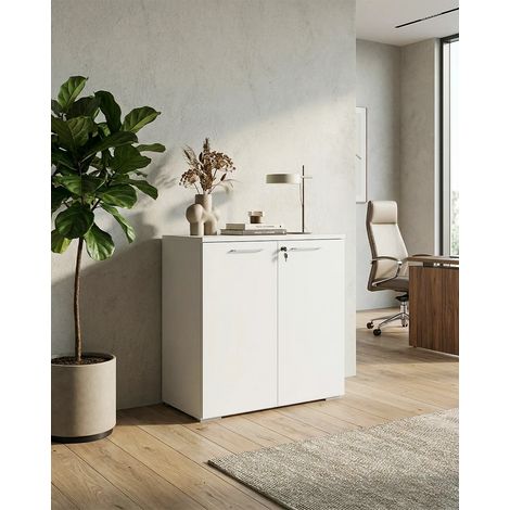Armadio ufficio Texas - Mobile archivio basso 2 ante con serratura - 1 mensola incluse - L. 90 x H. 83 x P. 42,5 cm – Bianco (1/4)