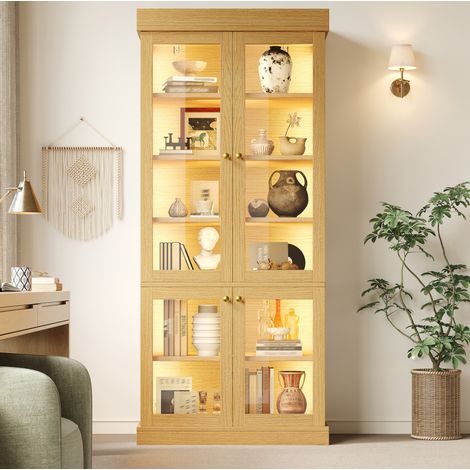 Hochschrank 80x40x180 cm, mit LED Beleuchtung, Kippschutz, MDF, Glas und Metall, Naturholz (1/5)