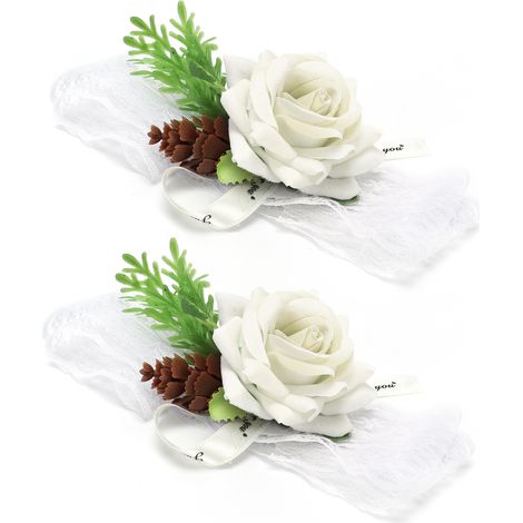 2 Manschetten aus Seidenblumen für Brautjungfern, weiße Braut-Corsage, Dekoration für die Hochzeitszeremonie (1/5)