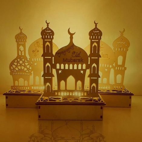 Veilleuse LED - Bois Naturel - Pour Décoration Ramadan Aïd - Portable Intérieur Jardin - 15 x 6 x 19 cm - Alimentation Piles AA (1/5)