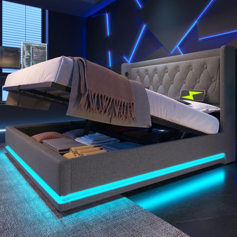 Letto matrimoniale contenitore 140x200 cm cotone grigio con USB-C, LED e materasso – MEUBLIV (1/5)