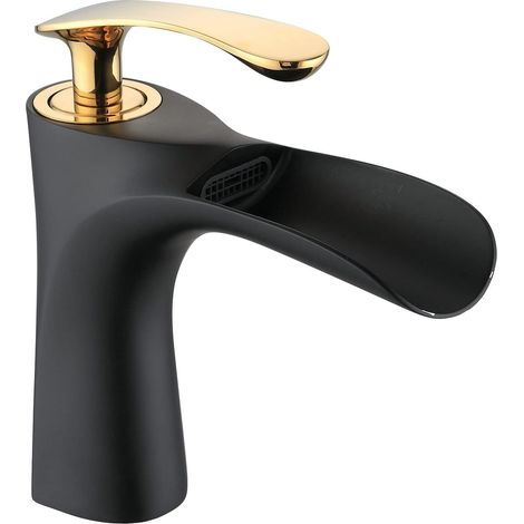 Robinet de lavabo de salle de bain à poignée unique de style cascade pour mélanger l'eau chaude et l'eau froide, finition nickel brossé, laiton massif. (1/5)