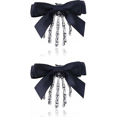 Lot de 2 barrettes à cheveux à main de squelette gothique avec décor de nœud satin, pinces à cheveux à crâne et paume effrayantes, accessoires de cosplay Halloween pour femmes et filles, décoration de (1/5)