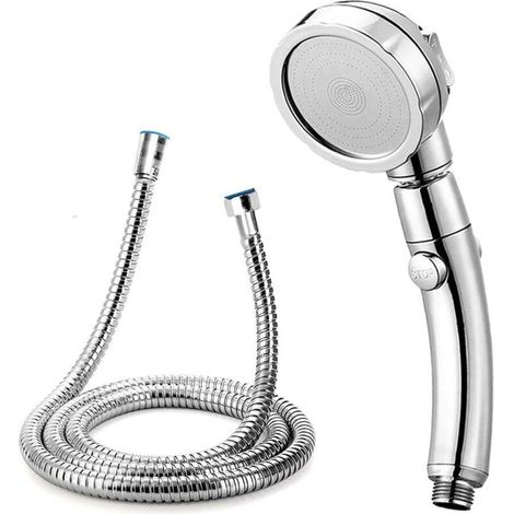 2 m langer Duschkopf mit flexiblem Schlauch, Hochdruck, 3 Strahlarten, Antikalkfunktion, Abschaltautomatik, Chromoberfläche und praktisch