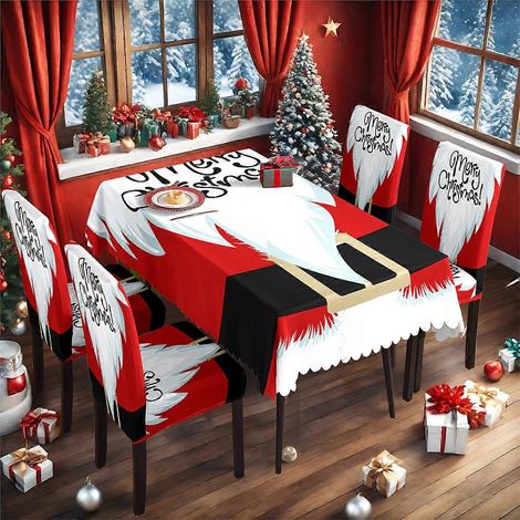 Ensemble complet de nappe et housse de chaise de Noël Père Noël TC-103 (nappe imperméable 140 x 210 cm + 4 housses de chaise) (1/4)