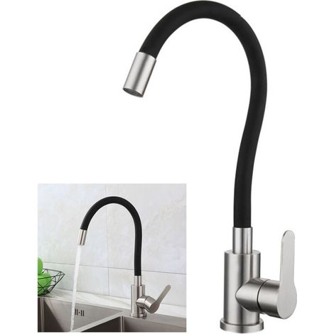 Robinet de cuisine pivotant à 360° Ulisem, bec haut, en acier inoxydable brossé noir, flexible, pour évier monotrou, eau chaude et froide. (1/4)