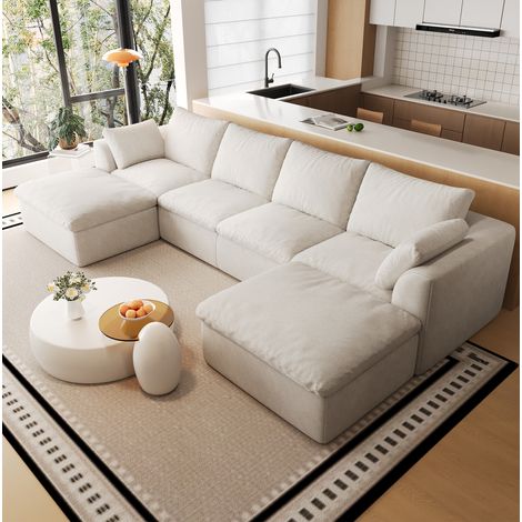 Divano a U 6 posti 310x155x83 cm in tessuto di lino beige bianco – MEUBLIV (1/5)
