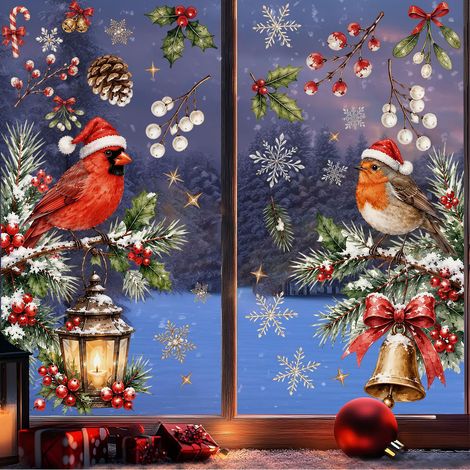 Chapeau de Noël, oiseau, autocollant pour fenêtre, décoration de Noël, autocollant pour verre, houx, baies rouges, branches de pin de Noël, paysage enneigé, autocollant statique